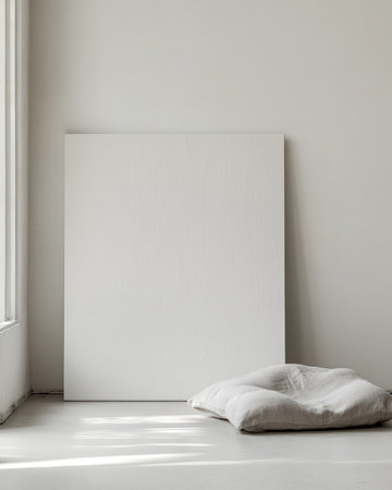 A large white blank canvas leaning against the wall, on an empty floor with two small soft gray pillows beside it. A bright and airy minimalist modern room. --ar 4:5 --v 6.1 Job ID: 7d67b8c9-2510-4afb-a8d2-20a10f1990f4の素材