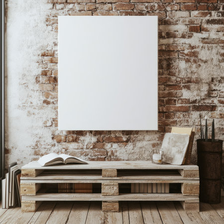 A blank white canvas on wooden pallets, surrounded by books and industrial accessories against an old brick wall. --v 6.1 Job ID: e3bf991b-c5dc-4f50-931d-b7ab5e6ba04dの素材