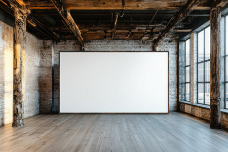A large white wall with an LED light bar in the middle of a room with wooden floors and industrial-style architecture. The walls have a dark brown brick texture, and there is one window at each end of the space. A mock-up frame hangs on two columns beside the main focal point. A blank canvas hangs from three wooden beams above the central wall. This setting creates a contemporary vibe for product photography. --ar 3:2 --v 6.1 Job ID: cdb6c364-8215-471f-968e-ab5972dcffebの素材