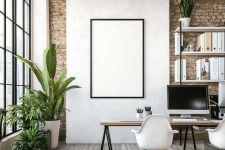 A mockup of an empty poster frame on the wall in a modern office space with white walls, wooden floors, and a desk with computer monitors, an industrial ceiling, white chairs, plants, white bookshelves, and glass windows. --ar 3:2 --v 6.1 Job ID: c99332d9-e782-438b-a359-242d3c65892bの素材