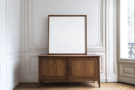 A photo of a large wooden sideboard against a white wall with a blank poster frame on top, a bright and airy interior design, a wooden floor, Scandinavian style, and natural light from the window. --ar 3:2 --v 6.1 Job ID: c34a9172-aa70-4079-ac37-a4a682f31862の素材