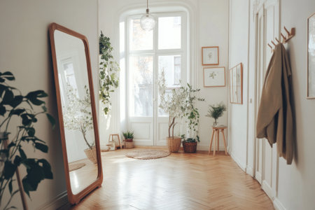 A photo of an empty, bright white entrance hall with parquet flooring in the Scandinavian design style and featuring elements of hygge. A large mirror hangs on one wall, and a wooden coat rack is hanging next to it. There are also some plants and framed pictures on the walls. The door leading into another room has clear glass panels. There is no furniture visible in the space. --ar 3:2 --v 6.1 Job ID: bacf4526-524c-4946-be38-61a2b770d78cの素材