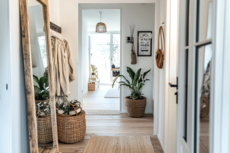 A photograph of an open door leading to the hallway, showcasing Scandinavian interior design with white walls and wooden floors. The hall features hanging mirrors, hangers on wall-mounted racks, potted plants in baskets along one side, and framed artwork on the walls. A large mirror is placed near the entrance, adding depth to the space. Soft lighting illuminates the room through glass windows, creating a warm atmosphere. This scene captures the essence of modern Nordic home decor. --ar 3:2 --v 6.1 Job ID: b7233b13-94c2-47e8-9be2-4db77b0bd4d7の素材