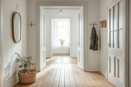 A photograph of an empty white entrance hall with a wooden floor, featuring two doors on the left and right sides leading to different rooms in a Scandinavian-style home. A mirror hangs above one door frame, while another is adorned with coat hangers. The hallway also includes plants and decorative elements, such as a basket or lantern, for added charm. --ar 3:2 --v 6.1 Job ID: e107f339-cdc3-4be0-a2f5-7160c2cf458eの素材