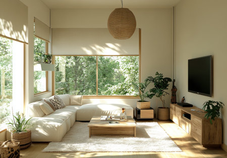 Minimalist living room with a large window, a cream-beige sofa, and a white rug. A wooden coffee table and plants on side tables. A television in the corner, with natural light streaming in from the windows. The overall color scheme is neutral. --ar 43:30 --v 6.1 Job ID: db362978-3c09-4891-b8ce-7e56bf7056c4の素材