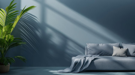 Modern gray sofa against a blue wall with a plant and shadows. Minimalist home interior design of a modern living room, in the style of Minimalism. --chaos 30 --ar 16:9 --v 6.1 Job ID: a3c21e82-f2cb-4250-ad19-40b2e0540182の素材