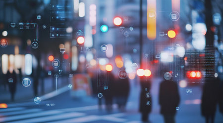 A blurred city street background with icons representing digital networks and connectivity, symbolizing the integration of smart urban technology in a road traffic control system for empty nesters' global sharing of information. --ar 128:71 --v 6.1 Job ID: 1d39113b-141a-4edf-87cb-953cf3292e84の素材