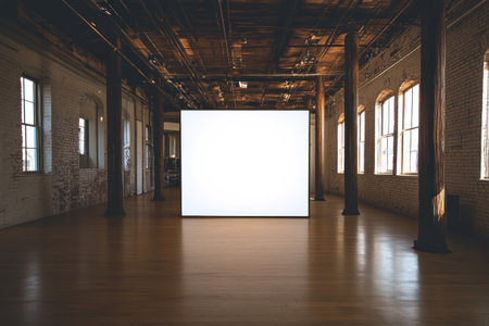 A large, white wall with an empty square frame is set in the center of a room with wooden floors and two tall columns on each side. The walls have a brick texture and windows that bring natural light into the space. There is ambient lighting coming from multiple lights hanging above the ground, creating soft shadows around the edges of the frame. This creates a modern and clean aesthetic for displaying artwork or photography in the style of the artist. --ar 3:2 --v 6.1 Job ID: a9f7dc0b-7d43-40f7-9dcc-2db029d7945dの素材