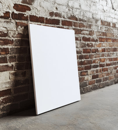 A blank canvas leans against an old brick wall, set in the backdrop of an urban loft or studio apartment interior. The canvas is empty and white, with no text, artwork, or graphics on it. It is placed at eye level, with its edge slightly tilted up to create depth and perspective within the frame. This setting highlights the simplicity and beauty of a clean, minimalist artwork mockup. --ar 9:10 --v 6.1 Job ID: 82a99ca6-3a5e-4727-b3eb-bcfbd8932ef4の素材
