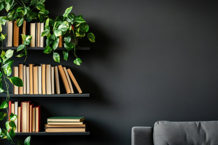 Minimalist black living room interior with a grey sofa, bookshelf, and plant in modern home decor. Interior design of a minimalistic wall scene for a mockup or artwork. Dark gray color wallpaper wall background. --ar 3:2 --v 6.1 Job ID: ca5b2ab5-8deb-4ebe-a00c-e0f53c5e5ea8の素材