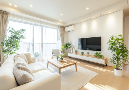 Modern living room with white walls, a sofa and armchair, a coffee table in the center of the space for seating, a TV on the wall above the couch, a large window with sunlight pouring through the curtains, and plants adding life to the room. Minimalist decor with a bright, airy atmosphere. --ar 43:30 --v 6.1 Job ID: 5952b2c8-ea8c-492c-ba15-758beaff0382の素材