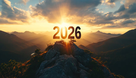 The number "2026" is written in large letters on top of the mountain, with sunlight shining through and illuminating it from behind. The silhouette is captured against an evening sky with mountains and clouds in the background. --ar 26:15 --v 6.1 Job ID: bdee7030-28f3-4f0a-a211-dbcbb26dd4b1の素材