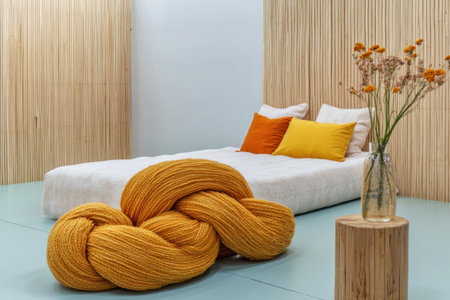 A minimalistic bedroom with wooden slats on the wall, a white bed, and colorful pillows. A golden knitted blanket lies on it. The background is light blue. In front of you can see an orange-yellow knotted pillow. On one side, there's a small wooden pedestal table holding vases containing flowers. --ar 3:2 --v 6.1 Job ID: 2dc88c26-9023-491d-9471-7579ee8aeebeの素材