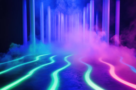 3D render, abstract background with neon light stripes on a dark stage with smoke and a glowing floor in blue, green, and purple colors. --ar 3:2 --v 6.1 Job ID: 7d9a3c35-8628-4e3f-b979-215b6a8a8ac6の素材