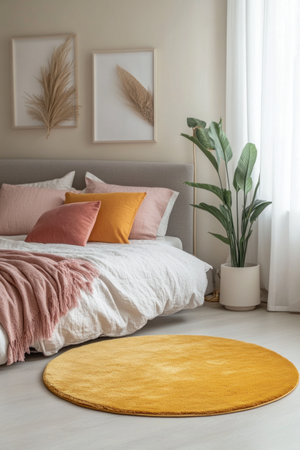 A minimalist bedroom with a round yellow rug on the floor in front of a grey bed adorned with pink and orange pillows. The walls feature neutral-toned artwork, with light brown walls and a white ceiling. The perspective is from a low angle, capturing a wide shot of the space. Plants and a modern table lamp add to the overall aesthetic. --ar 2:3 --v 6.1 Job ID: 1ea09f80-c135-4e97-b283-d1382d1b2140の素材