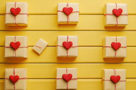 Photograph of multiple wrapped gifts with red hearts on top, on a yellow wooden background, in a flat lay composition, with studio lighting, high-resolution photography, insanely detailed, a stock photo, professional color grading, and an award-winning composition. --ar 128:85 --v 6.1 Job ID: 87b91b60-d3d3-42ce-987e-f45556285cdeの素材