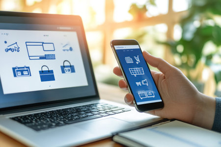 Photo of a person using their phone and laptop to create an online store, sitting at a desk with a notebook on it. Web design tools are visible in the foreground. --ar 3:2 --v 6.1 Job ID: a72763d6-fb1b-4eee-a38e-ce6428dcbca2の素材