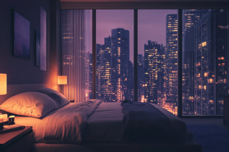 A modern bedroom with a large bed, night lamps, and windows overlooking the city. The color scheme is beige, with a hyper-realistic, high-resolution photography style. The image is insanely detailed, with professional color grading, soft shadows, low contrast, clean sharp focus, and cinematic lighting. --ar 3:2 --v 6.1 Job ID: 16a1d4ef-9b8d-4a47-8b72-352c0be050f8の素材