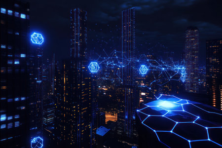 A city skyline at night with glowing blue digital connections and hexagons, representing the connection between technology and urban life. The background is dark to highlight the bright glow of data streams flowing across buildings. High-contrast lighting creates sharp contrasts in shadows and highlights. In front, there's an empty space for text or product placement. This design symbolizes smart cities using AI technology in future cities. --ar 3:2 --v 6.1 Job ID: 64344a47-0cb2-46bf-bddb-1bd5e4dbfb5aの素材