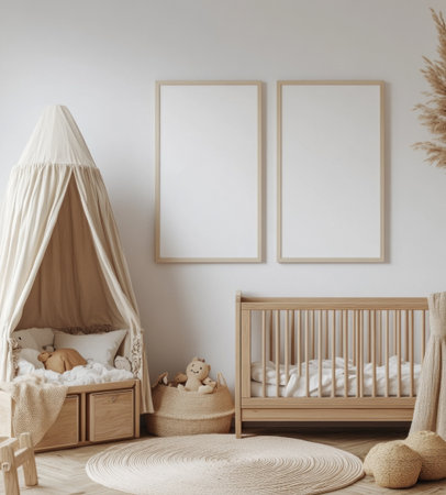 Two small white blank posters on the wall of a children's room, wooden furniture and toys around, pastel colors, mockup style, photorealistic, high resolution, Canon EOS R5, Canon 50mm f/1.2 lens, light pink bokeh background, natural lighting, Scandinavian interior design, wooden bed with beige canopy in front view, natural elements, wooden cabinets next to it full of baby and toy boxes, wooden floor, round carpet on top of the wooden flooring. --ar 9:10 --v 6.1 Job ID: ac42dcf1-3998-4afe-a964-f2c8305b3892の素材