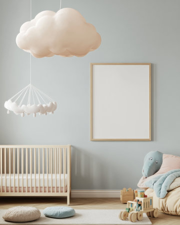 White wall art mockup in a children's nursery with pastel colors, a wooden crib, and toys on the floor. A cloud-shaped mobile hangs above it. A large, blank poster frame is hanging over an empty bed for kids to play on. Minimalistic style, high resolution, high detail, realistic. Shot using a Canon EOS R5. --ar 4:5 --v 6.1 Job ID: a9f25654-fbb7-432d-9639-2f7956c9d267の素材