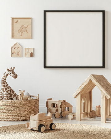 White wall with black frame, Scandinavian kid's room interior with wooden toys and playhouse on the floor, mock-up for artwork poster or photo, blank template of wall art design, close-up view. --ar 4:5 --v 6.1 Job ID: 5d562272-ab03-4e54-a102-bd58a7cf8cb4の素材