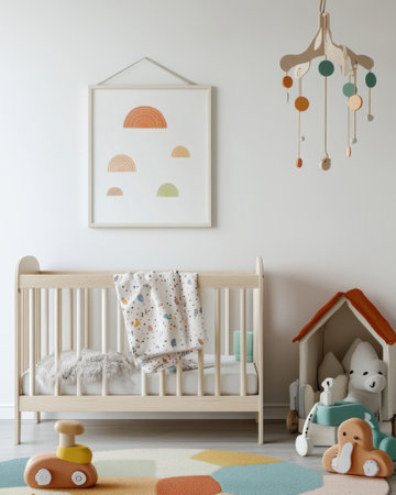 White poster frame mockup in the children's nursery, pastel colors, wooden crib and toys, children's room, white wall with colorful carpet, children's mobile above bed. --ar 4:5 --v 6.1 Job ID: ba6ab5f0-c274-4df4-9a81-0f9e443064bbの素材