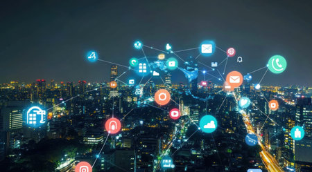 Digital Earth globe with global network and social media icons on a city background, a digital technology concept for online business or connectivity worldwide. Digital twin Earth for smart cities. --ar 128:71 --v 6.1 Job ID: 8acfac1e-5ddb-4906-beb4-3eddd86f853fの素材