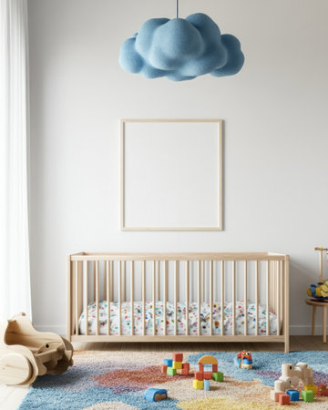 White wall with a vertical frame mockup in the children's room, a wooden crib and toys on the floor, a colorful carpet, pastel colors, a blue cloud-shaped mobile above the bed, high resolution. --ar 4:5 --v 6.1 Job ID: 8ff432fe-c4eb-4ba2-be2f-209b6b1147d0の素材