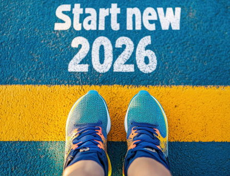 Close-up of feet in running shoes on the starting line with text "Start new year 2026" written, a sports concept. The scene is captured using a Canon EOS R5 mirrorless camera and an EF lens, creating sharp details and vibrant colors. The composition focuses on an athlete's running shoe standing at the start line before the race, symbolizing readiness to run, in a flat lay style. High resolution. --ar 13:10 --v 6.1 Job ID: 87d25f79-160b-48e0-823b-177d5d0d1292の素材