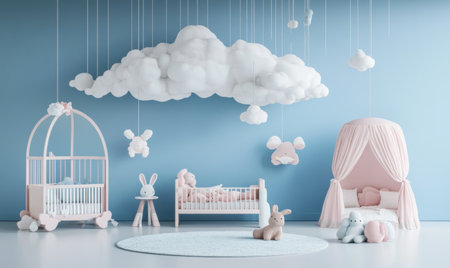 A children's room with blue walls, white floor and furniture in pink color. There is an empty space on the wall for advertising or mockup. A bed, baby cradle, small table and chairs are placed around it. The background has clouds hanging from above. On one side of her there was also a cute rabbit toy sitting down on its back legs on top of carpet, 3d rendering illustration. --ar 5:3 --v 6.1 Job ID: 7e3a85d1-b946-4d5b-9974-204a2b667dabの素材