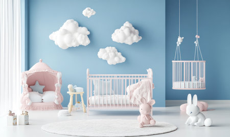 A children's room with blue walls, white floor and furniture in pink color. There is an empty space on the wall for advertising or mockup. A bed, baby cradle, small table and chairs are placed around it. The background has clouds hanging from above. On one side of her there was also a cute rabbit toy sitting down on its back legs on top of carpet, 3d rendering illustration. --ar 5:3 --v 6.1 Job ID: 7e3a85d1-b946-4d5b-9974-204a2b667dabの素材