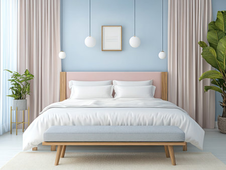 A modern bedroom with light blue walls, a white ceiling, and a beige-colored floor, an elegant bed frame with a soft pastel pink headboard, a plush cream-colored carpet under the bed, two small round pendant lights hanging from above, delicate curtains on one side of the window, and a stylish grey bench at its foot. The room also features decorative accessories such as plants and framed pictures. --ar 4:3 --v 6.1 Job ID: ecd7b619-d404-4bc1-b547-c54755e7334aの素材