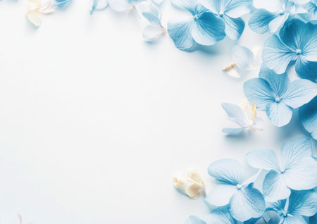 Close-up of blue hydrangea flowers on a white background, with ample copy space for text. The color theme is pastel, lending a banner-like design. The image is blurred, with a soft focus and low depth of field, characteristic of macro photography. This professional-quality photo is highly detailed and of high resolution, ensuring a high-quality visual. --ar 7:5 --v 6.1 Job ID: 10fca855-ec67-4af5-a305-1d8431055f4dの素材