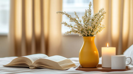 A yellow ceramic vase with flowers on the nightstand next to an open book and candle, in front of which are placed two white porcelain cups, with warm light illuminating the scene. The background features beige curtains, creating a cozy atmosphere for reading or relaxing at home. --chaos 30 --ar 16:9 --v 6.1 Job ID: 16793283-2bcc-4be4-b444-213547c450e0の素材