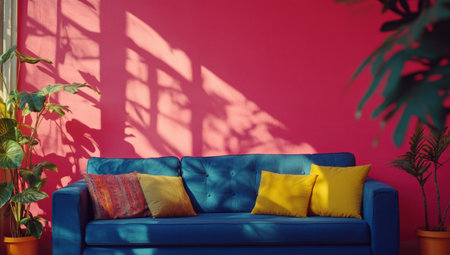A vibrant pink wall with soft shadows, a blue sofa adorned with colorful cushions, and potted plants adding color to the space, creating an atmosphere of comfort and style in home decor. --ar 53:30 --v 6.1 Job ID: 6982e60e-5e36-424b-ad20-1b255e9cc4cbの素材