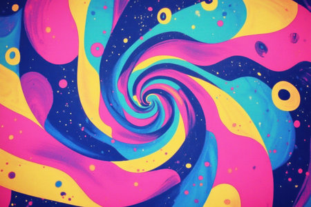 Vibrant, psychedelic patterns of swirling colors and shapes, reminiscent of tie-dye or acrylic paint. The background is a gradient from neon pink to electric blue, creating an otherworldly atmosphere. This artwork would be suitable for high-definition video wallpaper or graphic design projects that evoke the energy and excitement associated with 1980s pop culture. --ar 3:2 --v 6.1 Job ID: bbfb3251-2c28-41d6-8b6b-0671d8f2a2e8の素材