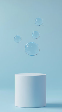 A white cylinder on the left, three water droplets floating in front of it and forming an abstract circular shape above the podium, light blue background, flat view, high resolution, high detail, high quality --ar 5:9 --v 6.1 Job ID: 9ff2615c-4d68-472f-a927-1e3e0d591574の素材