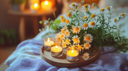 A small tray with candles and flowers on the table in front of the bed, creating an atmosphere of comfort and warmth at home. The composition is simple yet elegant, focusing attention on details like soft lighting and natural colors that evoke feelings of relaxation and tranquility. --chaos 30 --ar 16:9 --v 6.1 Job ID: 59550588-f96a-4feb-bdcd-507e78c92a49の素材