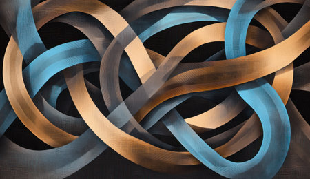 A digital art piece featuring an abstract, swirling design of dark brown and blue lines on a black background, creating the illusion that they form intertwined ribbons. The composition includes elements reminiscent of vector graphics, adding depth to the overall visual experience. This artwork symbolizes growth in technology and innovation. Flat illustration. --ar 26:15 --v 6.1 Job ID: 66436b91-45ca-4aa8-8085-1edfc24f27a5の素材
