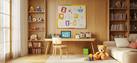 A simple and clean desk with children's drawings on the wall, bookshelves beside it, a sofa in front of the table, a light wood grain color scheme, a laptop placed on top of a small wooden chair, a colorful drawing board hanging above the study room, a teddy bear sitting next to the studying student, and children's toys scattered around. --ar 13:6 --v 6.1 Job ID: d0c0d30f-25e8-4ef8-b36f-bade089e5c4cの素材