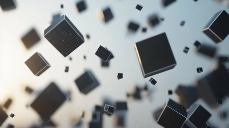 Black cubes floating in the air on a grey background, 3D rendering. Abstract black shapes and particles with a bokeh effect. Background for the design of a banner, poster, or cover. Black cubes flying on a gray background. In the style of 40K. --chaos 30 --ar 16:9 --v 6.1 Job ID: 9a64b0ef-383d-49ef-b183-10842aa489caの素材