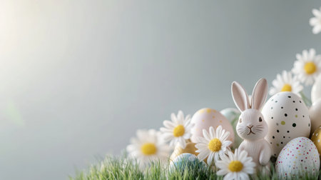 Easter banner with a white background, golden bunny figurines, and Easter eggs on the right side, white flowers in the foreground, copy space for text, minimalist style, pastel colors, detailed, high-resolution, professional photograph, captured in the style of Sony Alpha A7 III camera, soft light, minimalistic style, natural look. --chaos 30 --ar 16:9 --v 6.1 Job ID: 15ac325e-14f8-4a18-812e-db55157445a4の素材