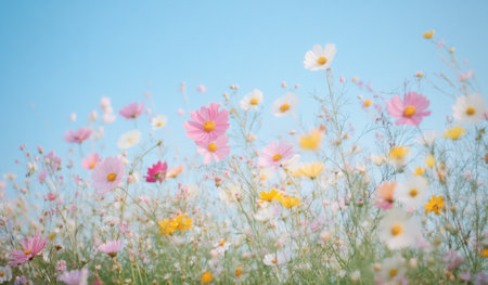 An impressionist painting of wildflowers, featuring pastel colors, a blue sky background, daisies and cosmos in pink, yellow, white, and purple, with visible brush strokes and a detailed, oil-on-canvas style. --ar 17:10 --v 6.1 Job ID: cd2fcf0e-67ce-4bad-afc1-537a65bbd533の素材