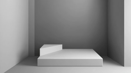A square white podium stands in an empty room with a blank wall behind it. The space is well-lit, creating soft shadows that accentuate the contours of the platform. This scene creates a clean and minimalist setting for showcasing products or featuring art installations in the style of various artists. --chaos 30 --ar 16:9 --v 6.1 Job ID: 2b094bfd-31c5-490f-b470-ade89d3b4343の素材