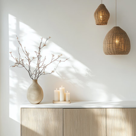 A white wall with light wood cabinets, interior design, minimalist style, close-up, front view, pure white background, high-resolution photography, natural lighting, soft tones, and a vase on the cabinet. The composition is symmetrical, with two candles placed next to it. A wicker basket hangs above each side of the countertop. There's no furniture in the room, in the style of minimalism, with warm colors and a calm atmosphere. --v 6.1 Job ID: 99c804ce-0bd4-4214-adc5-d9f98562999fの素材