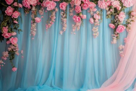 Pink and blue backdrop with pink flowers, draped in sheer fabric, creating an enchanting atmosphere for photography. --ar 3:2 --v 6.1 Job ID: 42413ee0-ca26-40c3-955c-de40ceaad7f5の素材