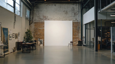 A white, blank wall in an office with glass and brick walls. A desk with chairs and a chair standing on the floor. A glass door on one side of the room, and a corner view of other rooms. --chaos 30 --ar 16:9 --v 6.1 Job ID: e9e7bf73-5345-4f10-8a95-7cd9569b266eの素材