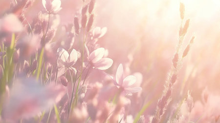 A soft pastel background with tall grasses and delicate flowers, bathed in the warm glow of sunlight. --chaos 30 --ar 16:9 --v 6.1 Job ID: dd45e431-3430-477f-8e58-dbbc1ef91e8bの素材