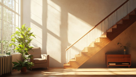 A warm, sunlit room with large windows and a wooden staircase leading to the upper floor. The walls have a light-colored paint, and there is an indoor plant in one corner of the space. There's also a comfortable armchair near the stairs. This scene has a relaxed atmosphere that would be ideal for relaxation or socializing. --ar 53:30 --v 6.1 Job ID: dce9a20f-b988-4a3d-a3c7-9e75bcba04b1の素材